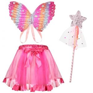 AUYAO 3Pcs Deguisement Papillon pour Fille, Papillon Costume de F&eacute;e Papillon, Papillon Ailes Enfants, Kit de Costume de F&eacute;e Papillon avec Baguette Magique Tutu Jupe D&eacute;guisement Carnaval No&euml;l Cosplay (Yadark, neuf)