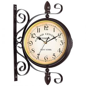 Horloge Murale Double Face Style rétro Antique Horloge Murale de Gare avec Design en Fer forgé, Horloge à Piles avec Chiffres Arabes Style rétro Horloge de Jardin pour Gare, Couloir ou Jardin (Noir) (ZRY., neuf)