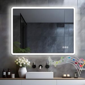 LISA Miroir Salle de Bain Lumineux 80 x 60 cm Miroir Mural LED Salle de Bain avec eclairage - Bluetooth, Anti-buée, 3 Lumières Couleurs Dimmables, Prise, Rectangulaire, Tactile, WC, Chambre, Salon (Lisa Sanitary GmbH, neuf)