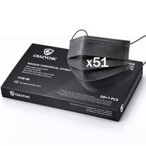 CRAZYCHIC - x51 Masque Chirurgical M&eacute;dical NOIR Type IIR - Certifi&eacute; CE Norme EN14683 - Masque Jetable 3 Plis Protection Respiratoire - Haute Filtration EFB>99% - Lot de 51 pi&egrave;ces (Crazychic, neuf)