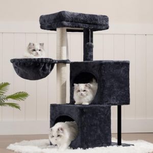Heybly Arbre &agrave; Chat, 92 cm Petit Arbre &agrave; Chat Escalier avec Grande Plateforme, 2 Niches, Poteaux Enti&egrave;rement Gain&eacute;s de Sisal, Peluche avec Une Clochette, pour Int&eacute;rieur, Gris Fum&eacute; HCT201SG (Heybly-FR, neuf)
