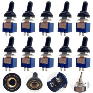 CESFONJER 10 Pièce Mini Interrupteur à Bascule, AC 125V/6A, 250V/3A 2 Pin SPDT ON-Off 2 Broches 2 Position SPDT Interrupteur a Bascule Autobloquant pour Pièces D'auto (Bleu + 10 Pcs Waterproof Cap) (CESFONJER-FR, neuf)
