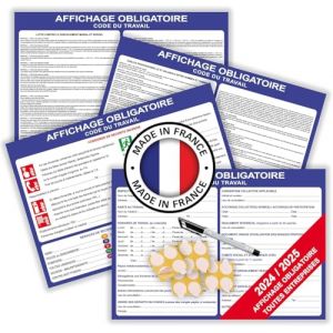Affichage obligatoire entreprise version 2025 - Panneau affichage obligatoire code du travail entreprise plastifié A4 (x4) effaçable + feutre fourni + pastilles adhésives (Bon'impression, neuf)