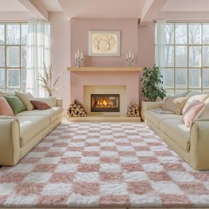 HUGEAR Tapis Salon Shaggy Damier Tapis Chambre Adulte Fille Doux Moelleux Descente de lit AntidéRapant Moderne Grand Tapis Rose Blanc Poudré 200×300cm Decoration Chambrel (RONGBEN, neuf)