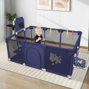 Grand Parc avec Grille de Protection,Parc pour B&eacute;b&eacute;, Modulable, Pliable,Grand parc pour enfant en bas &acirc;ge,50 Balles,Basketball Rack,Avec 4 Ventouses -180 * 120 * 66cm-Bleu marine (Hechheu, neuf)