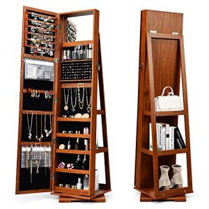 GOPLUS Armoire &agrave; Bijoux avec Miroir Plein Longueur, Armoire &agrave; Bijoux Pivotante sur Pied avec 3 &Eacute;tag&egrave;res de Rangement, Serrure, 3 en 1 Organisateur de Bijoux pour Maquillage, Habillage (Brun) (Augenstern24, neuf)