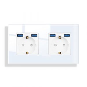 JIMEIDA Double prise en verre avec USB en blanc encastré, 2 prises 16 A avec 2 USB A max.2,1 A, 157 x 86 mm, 250 V (DY BUDENG, neuf)