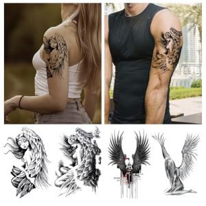 CARGEN Tatouages Temporaires, Grand Ensemble de 4 Feuilles, Autocollants de Tatouage, Plumes d'Ange, Ailes d'Ange, Autocollants de Tatouage Noirs, Autocollants pour le Corps, Hommes Et Femmes (S.H.L, neuf)