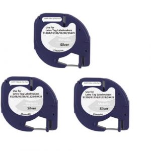 Ruban pour &Eacute;tiqueteuse compatible avec Dymo LetraTag Ruban Plastique, 12mm x 4m pour LetraTag LT-110T LT-100H XR, Noir sur argent m&eacute;tallique. (OV Europe, neuf)