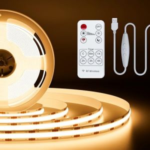 Ruban LED COB Blanc chaud 3000K USB5V avec télécommande RF, PAUTIX 640LEDs/2M Dimmable Strip Lights CRI90+ Kit d'éclairage LED flexible pour armoires de cuisine Chambre TV Rétroéclairage DIY Éclairage (Apovenus, neuf)