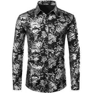 PARKLEES Chemise de luxe pour homme, imprimé élégant, coupe ajustée, boutonnée Motif cachemire doré brillant, noir/argenté, S (PARKLEES, neuf)