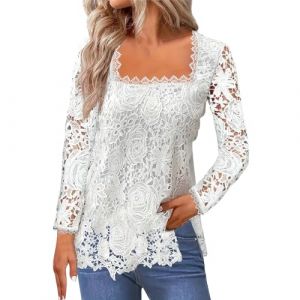 Tuniques Femme Dentelle Fluide Haut Manche Longue Printemps Coton Blouses Grande Taille &Eacute;l&eacute;gant Chemisier Manches Bouffantes Top Soiree Sexy Longue Chemisier Summer Blouse Dentelle Femme 5XL (pitawdk, neuf)