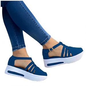 Sandale Femme Compensées Confort Mules Été Et N u-Pieds Plateforme Plate Chaussures Bout Fermé Sandale Bride Cheville Noir Été Espadrille Compensées Plateforme Plates Chaussures à Bout (Blue-D, 41) (geherl, neuf)