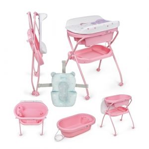MS BabyWorld Bubble + R&eacute;ducteur &ndash; Baignoire ergonomique pour b&eacute;b&eacute; avec pieds et matelas &agrave; langer imperm&eacute;able et rembourr&eacute; | Fermeture compacte, organiseur, 4 roulettes avec freins (Rose/Bleu) (SLEEP & PLAY, neuf)