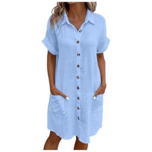 NAFING Robe De Plage Femme Coton Lin Couleur Unie Grande Taille Tunique Robe Longue Femme Ete Col en V Tunique avec Boutons Longue Élégante Mi-Longue Robes Lin pour Plage (min-bmao, neuf)