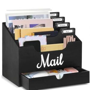 Niciksty Bureau en Bois Organisateur de Courrier avec 4 Compartiments et Un Tiroir, File Paper Holder Bureau en Bois Document Letter Holder Organisateur, Noir (WanHuoJCOM, neuf)