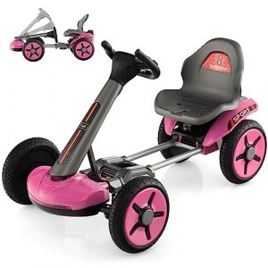 GOPLUS Kart Électrique à Pédales pour Enfants 12V, Jouet de Voiture avec Volant et Siège Réglables, Lumières LED Clignotantes, Voiture à Pédales, pour Garçons et Filles de 2 à 5 Ans (Rose) (Augenstern24, neuf)