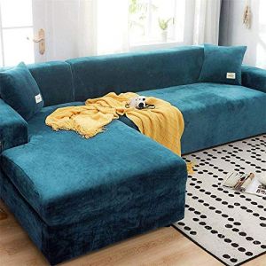 LINGKY Housse Canapé d'angle en Velours, Protection pour Canapé d'angle, Couvre Canapé d'angle avec Accoudoirs, Housse de Canapé Peninsula en Forme de L (Paon Bleu,1 Place (90-140 cm) (LINGKY, neuf)