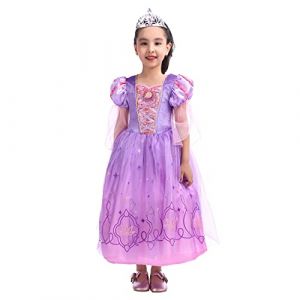 Rabtero Costume de princesse pour enfants, fille Raiponce cosplay dress up, robe de couronne princesse violette Sp&eacute;cial pour les filles 7-8 ans (Huahui Dengguan LMT, neuf)