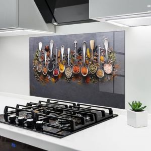 ARTHUB&reg; Cr&eacute;dence de Cuisine en Verre 50x70 cm, Spices Black Board | Protection Contre Les &eacute;claboussures, Rev&ecirc;tement Mural en Carreaux, Plaque en Verre, Verre tremp&eacute;, Aliments, &Eacute;pices (ARTHUB - wall decor, neuf)