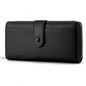 Grand porte-monnaie femme portefeuille femme en cuir synth&eacute;tique lisse et souple, bourse longue avec fermeture &agrave; glissi&egrave;re et bouton-pression, pochette f&eacute;minine avec multiples compartiments Noir (PrettyNUO, neuf)