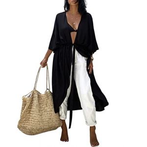 Bsubseach Robe de Plage Femme Été Tunique Cardigan Imprimé Caftan Grande Taille Kaftan Bohème Veste Kimono Bikini Cover Up Maxi Longue Fluide Pareo Femme Plage Boho Sarong Solide Noir (Bsubseach-EU, neuf)