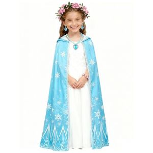 YJZQ Cape tulle Princesse Elsa Cape Toile pour Show Capuche enfant pour halloween D&eacute;guisement F&eacute;e Elfe 4-8ans Imprim&eacute; Bleu Flocons 110CM (YJZQ, neuf)