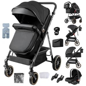 Nine point nine Poussette 3 en 1, Poussette Bebe avec Double Modes de Pouss&eacute;e R&eacute;versibles, Pousette Canne Grande Confortable, Pousette avec Cadre Aluminium Haute Paysage (V8 Black) (Kaiwen baby products, neuf)