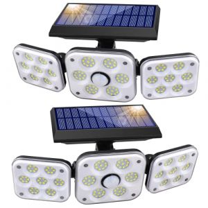 Lot de 2 Lampes Solaires Exterieur Detecteur De Mouvement, SMY Lumiere Solaire Exterieur 3 Têtes 138 LED IP65 Étanche Projecteur Solaire Extérieur De Sécurité avec 3 Modes pour Jardin Cour (SMY  Lighting, neuf)
