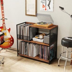 GOPLUS Meuble Platine Vinyle 3 Niveaux pour 300 Albums, Support de Tourne-disques avec3 Séparateurs Amovibles et Structure Métallique, Étagère Rangement pour Vinyles pour Salon, Studio (Augenstern24, neuf)