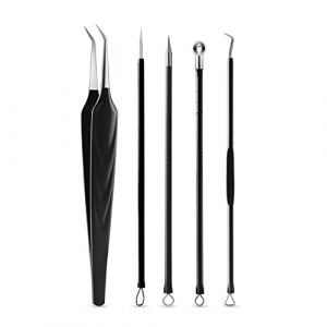 FVION Extracteur Point Noir, 5Pcs Tire Comedon Point Noir Inox - Outils Extracteur Professional D'acné Pince, Pince À Épiler Kit Aiguille Points Noirs, Blackhead Remover - Noir (bezouk, neuf)