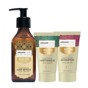 ARGANICARE | Gamme Ricin | S&eacute;rum Protecteur 100 ml + Shampoing 50 ml + Masque 50 ml | &Agrave; l&rsquo;huile de Ricin Bio | Soin pour cheveux | Nourrit | Renforce | Hydrate | Tous types de cheveux (Or hay, neuf)