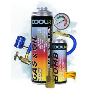 COOL5 2in1 - Remplacement du réfrigérant R1234yf avec huile, pour la climatisation des voitures après 2016 + tuyau de mesure + bombe de rafraîchissement + adaptateur + nettoyant universel 500ml (Clima Fix Set, neuf)