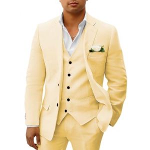 HUUTOE Costume 3 pi&egrave;ces en lin pour homme - Pour la plage, les mariages, les gar&ccedil;ons d'honneur - Costume d'&eacute;t&eacute; d&eacute;contract&eacute; - Blazer en lin - Gilet et pantalon de smoking, jaune, Taille M (xudebaihuo, neuf)