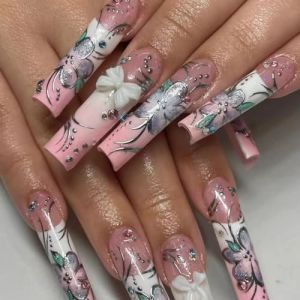 Faux ongles, ongles à presser Faux ongles longs en forme de cercueil avec colle, faux ongles marron portables avec strass, presse de Ballet, couverture complète(21) (zhangtingamz, neuf)
