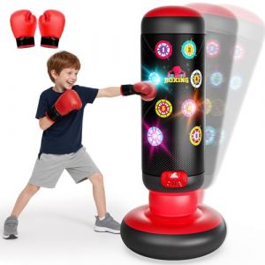 Interactive Punching Ball Enfants, Sac de Frappe avec Musique et Lumi&egrave;re, Sac de Boxe avec Gants de Boxe pour Karat&eacute;, Taekwondo, Cadeau pour Gar&ccedil;ons & Filles de 6-12 Ans (FUJILI, neuf)