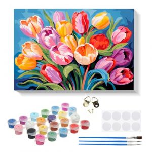 RICUVED Fleur Peinture Numero Adulte,Color&eacute;s Tulipe Kits de Peinture au Num&eacute;ro avec pinceaux Peinture de Dessin de Pigment Acrylique, Paint by Numbers avec Cadre pour D&eacute;coration 20x30cm (FANDIJIA, neuf)