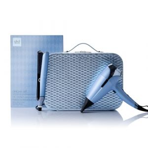 GHD - Coffret Deluxe, Lisseur Chronos & Sèche-Cheveux Helios (Bleu Glacier), Vanity inclus. Outils professionnels : Lisseur le Plus Avancé & Sèche-Cheveux Puissant. Tous Types Cheveux (Peyrouse Hair Shop, neuf)