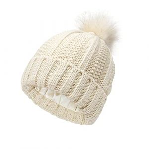 TOEECY Bonnet Femme Hiver Chaud Bonnet Tricot&eacute; avec Pompon en Fausse Fourrure &Eacute;pais Souple Tricot Chapeau Satin Doubl&eacute; Prot&eacute;ger la Coiffure Mode Slouchy Bobble Beanie (Beige) (SIA Deals and Solution, neuf)