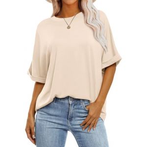 Cuptacc T-Shirt pour Femme - T-Shirt surdimensionn&eacute; pour Femme - Haut d'&eacute;t&eacute; - Col Rond - D&eacute;contract&eacute; - Basique - Manches Courtes - Tunique &eacute;l&eacute;gante, Beige, 3XL (CuptaccFashion, neuf)