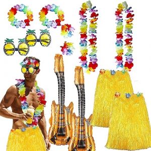 Jupe Hawaienne Femme Homme, Collier de Fleurs Hawaienne Robe Costume Hawaienne Guirlande Deco Lunettes de Soleil Ananas Hawaii Plage Carnaval (2 pièces - Doré - Homme) (HarnyLoom, neuf)