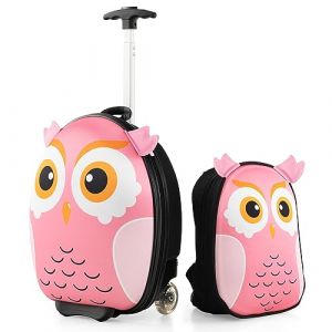 COSTWAY Valise Enfants à roulettes 16” et Sac à Dos 12”, Ensemble de Bagages Enfant avec Poignée Rétractable 58-74CM, Bagage à Main avec Motif Mignon pour Voyage École 30x21x40CM (Hiboux) (FDS GmbH, neuf)