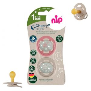 NIP Cherry Lot de 2 tétines rondes lumineuses, pour la nuit de 0 à 6 mois, à partir de la naissance et plus, phosphorescentes, adaptées à l'allaitement et durables (babywaren24, neuf)
