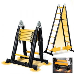 Ikodm Échelle télescopique pliante en aluminium - 5 m - Échelle extensible - Antidérapante - Multifonction - Charge maximale : 150 kg - Noir et jaune (GreenThumbs EU, neuf)