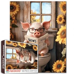 Puzzle de 1 000 pièces en Forme de Cochon sur Les Toilettes pour Adultes - Lunettes de Lecture de journaux pour décoration Murale de Salle de Bain - Animal Amusant avec tournesols - Cadeau (CocooTu, neuf)