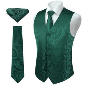 Enlision Gilets pour homme Motif cachemire Gilet de mariage Jacquard floral Cravate Pochette carr&eacute;e Gilet de f&ecirc;te Costume Ensemble de gilet S-6XL, vert fonc&eacute;, L (QIWEIEUR, neuf)