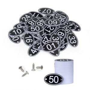 NanTun Lot de 100 numéros de table ovales Étiquettes de casier gravés en ABS noir avec vis – 1 à 100 (PlayCool, neuf)