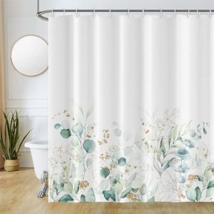 Rideau Douche Anti Moisissure, Uiiooazy Rideau de Douche 180x180cm Vert Sauge Feuilles d'eucalyptus Doré Rideaux de Baignoire Tissu Lavable Imperméable Polyester Rideaux Salle de Bain avec 12 Crochets (dongguibinjingpinxiaodianpu, neuf)