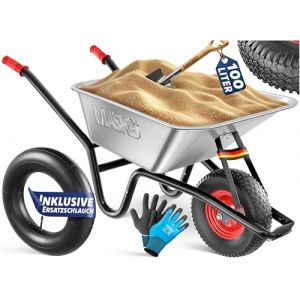 MASKO&reg; Brouette | Capacit&eacute; 100 litres | 250 kg | Pneus &agrave; air avec jantes en acier + chambre &agrave; air de rechange | Ch&acirc;ssis en acier galvanis&eacute; | Gants (WMK Trading GmbH, neuf)