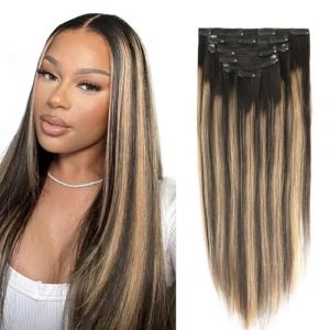 SixStarHair Yaki Straight Clip Ins Extensions de Cheveux Droits à Clipser 35cm 120g 7 Pièces Extensions de Cheveux for Black Women Enracinés Noir Naturel Se Décolorant Jusqu'au Blond Fraise #27 (Sixstarhair Beauty, neuf)